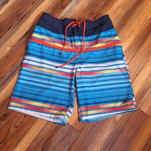 Speedo Men's Med Striped Swim Trunks Board Beach Swim Shorts Pockets Mesh Lined